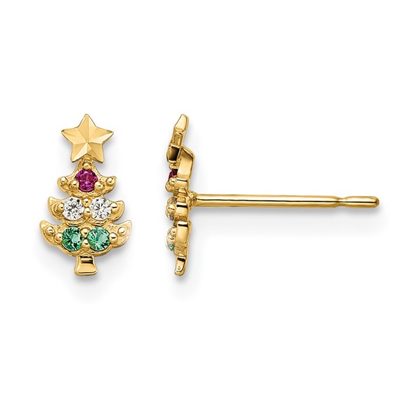 14k Madi K Red CZ/Clear CZ/Green Glass Christmas Tree Childrens Post Earrings