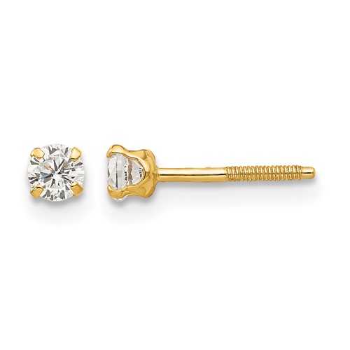 14K Yellow Gold Madi K 3mm Round White Zircon Birthstone Screwback Post Earrings