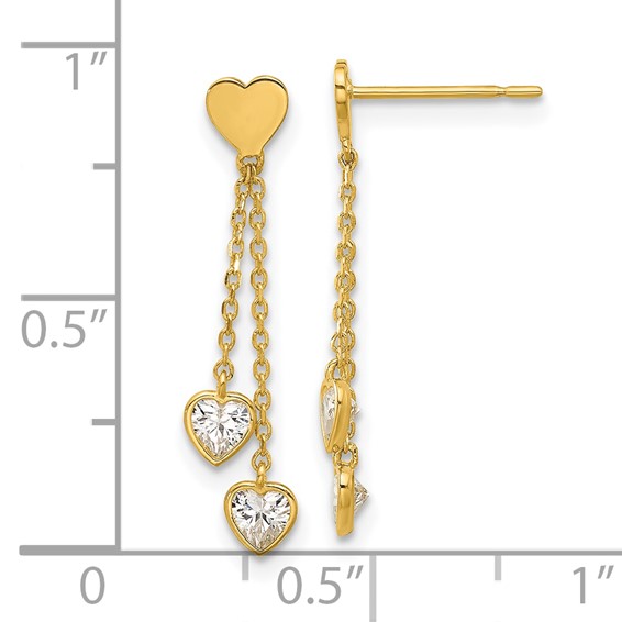 14k Madi K Polished CZ Hearts Post Dangle Childrens Post Earrings