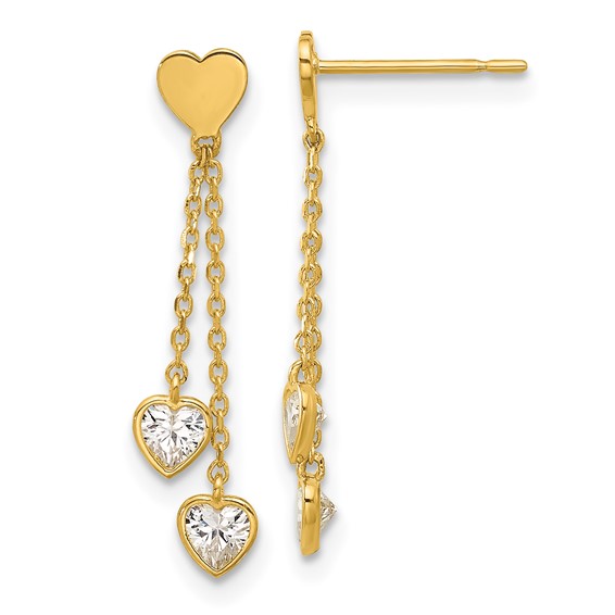 14k Madi K Polished CZ Hearts Post Dangle Childrens Post Earrings