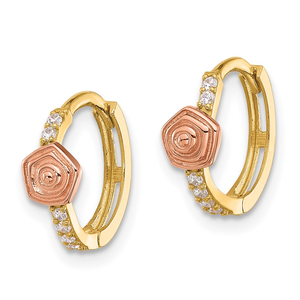 14k Madi K Polished Two-tone CZ Hinged Huggie Hoop Earrings (GK1182)