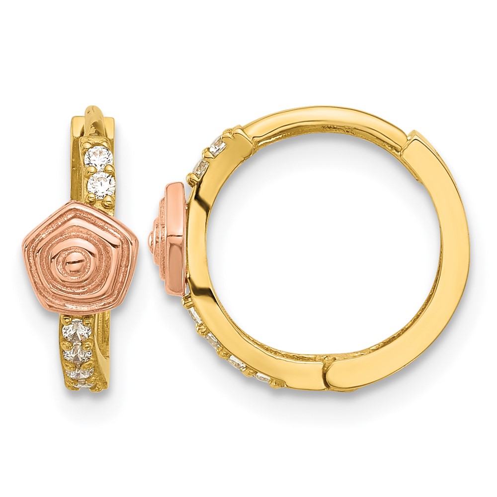 14k Madi K Polished Two-tone CZ Hinged Huggie Hoop Earrings (GK1182)