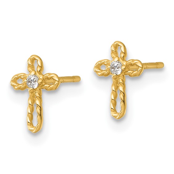 14k Madi K Polished and Twisted CZ Cross Childrens Post Earrings
