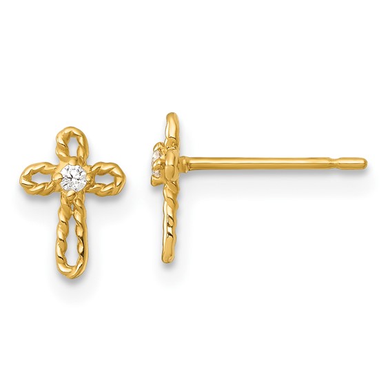 14k Madi K Polished and Twisted CZ Cross Childrens Post Earrings