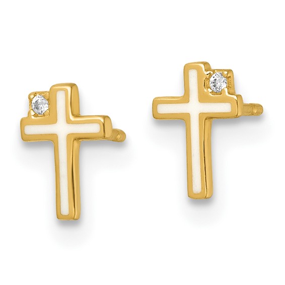 14k Madi K Polished White Enameled CZ Cross Childrens Post Earrings