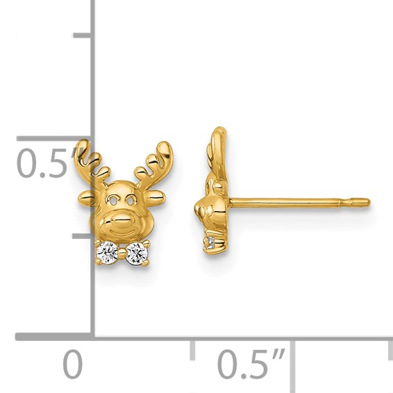 14k Madi K Polished CZ Reindeer Childrens Post Earrings