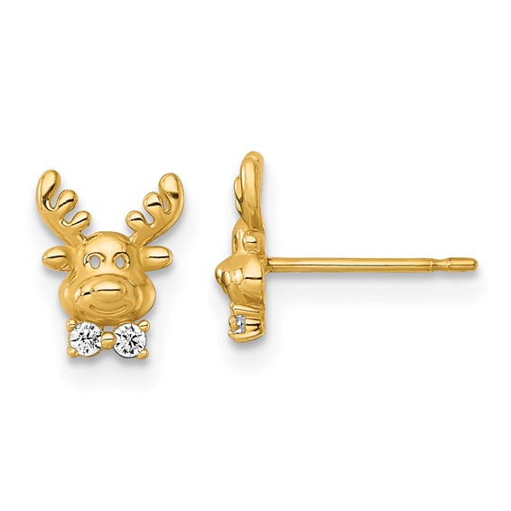14k Madi K Polished CZ Reindeer Childrens Post Earrings
