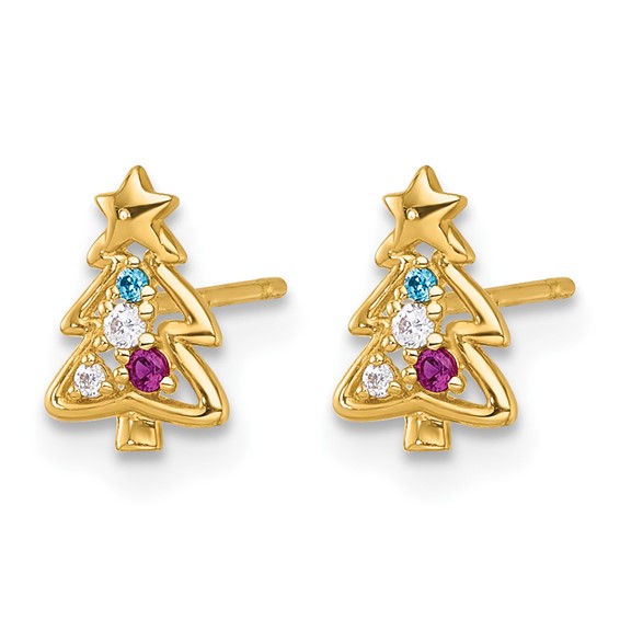 14k Madi K Polished Lab Created Ruby and CZ Christmas Tree Childrens Post Earrings