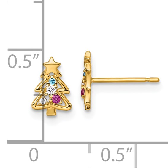 14k Madi K Polished Lab Created Ruby and CZ Christmas Tree Childrens Post Earrings