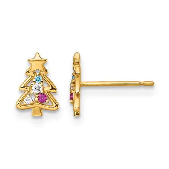 14k Madi K Polished Lab Created Ruby and CZ Christmas Tree Childrens Post Earrings