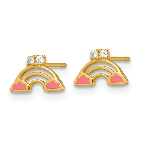 14k Madi K Polished Pink Enamel and CZ Rainbow Childrens Post Earrings