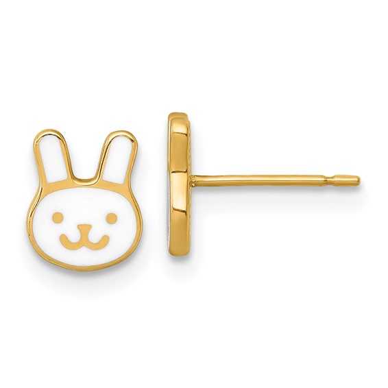 14k Madi K Polished White Enameled Bunny Face Childrens Post Earrings