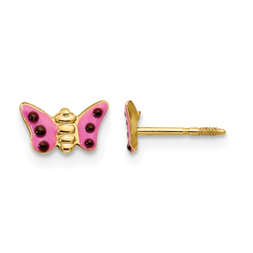 14K Yellow Gold Madi K Pink Enameled Butterfly Post Earrings