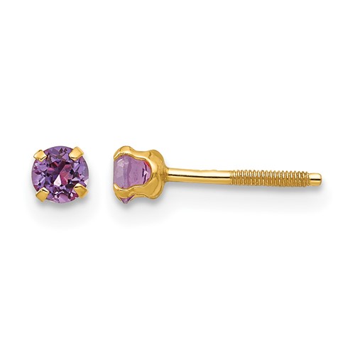 14K Yellow Gold Madi K 3mm Round Imitation Amethyst February Birthstone Screwback Post Earrings