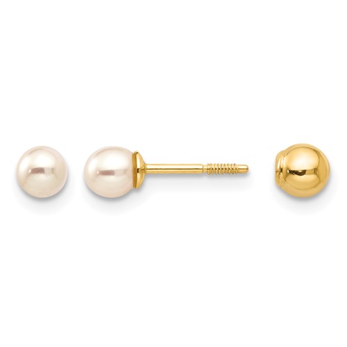 14K Yellow Gold Madi K Reversible 3-4mm White Round Freshwater Cultured Pearl and Bead Screwback Post Earrings