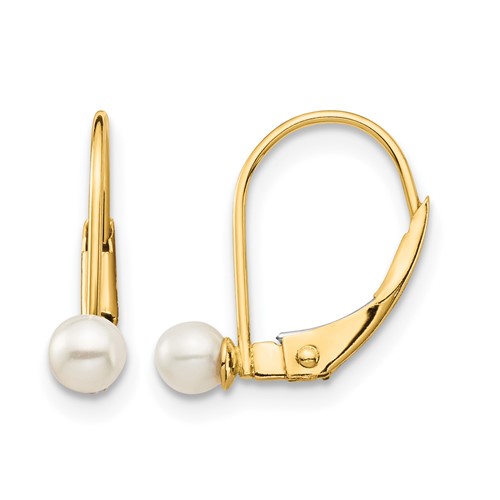 14K Yellow Gold Madi K 3-4mm White Round Freshwater Cultured Pearl Leverback Earrings