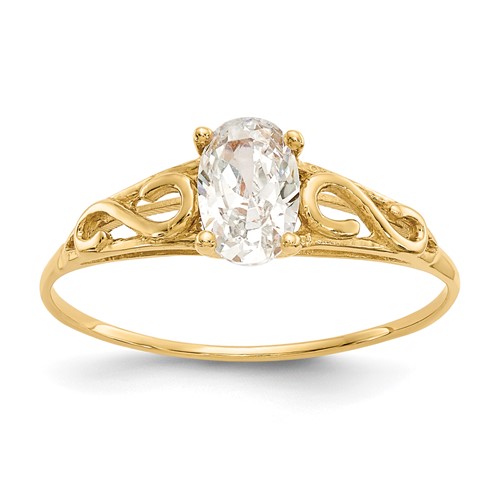 14K Yellow Gold Madi K 6x 4mm Oval Synthetic White Spinel Birthstone Ring, Size 5