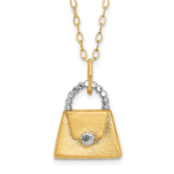 14k w/ White Rhodium Children's Polished & Textured Purse Necklace