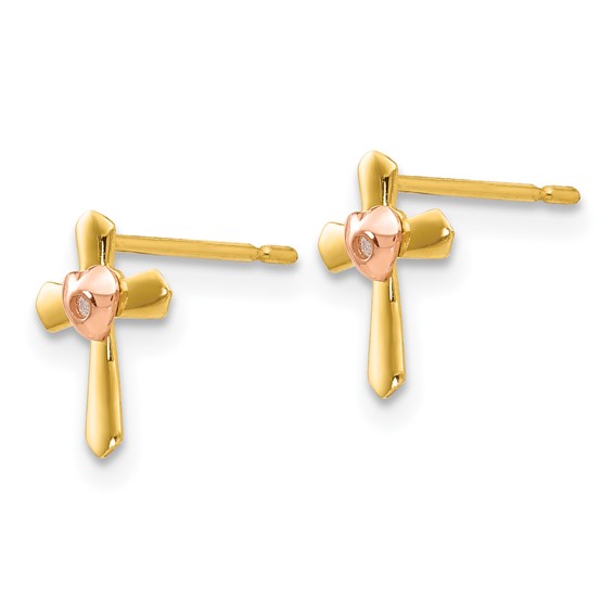 14k Yellow and Rose Gold Madi K Heart Cross Childrens Post Earrings