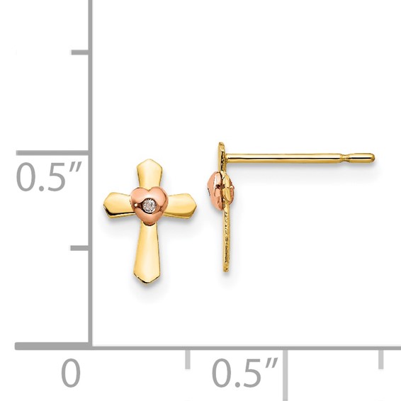 14k Yellow and Rose Gold Madi K Heart Cross Childrens Post Earrings