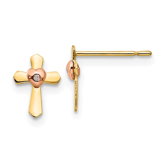 14k Yellow and Rose Gold Madi K Heart Cross Childrens Post Earrings