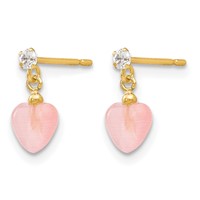 14K Yellow Gold Madi K CZ and Pink Cats Eye Heart Dangle Post Earrings view 2
