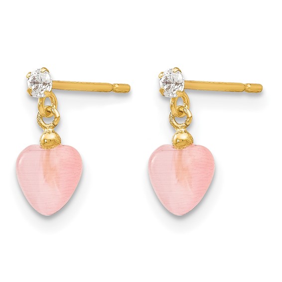 14k Madi K CZ and Pink Cats Eye Heart Dangle Childrens Post Earrings