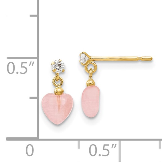 14k Madi K CZ and Pink Cats Eye Heart Dangle Childrens Post Earrings