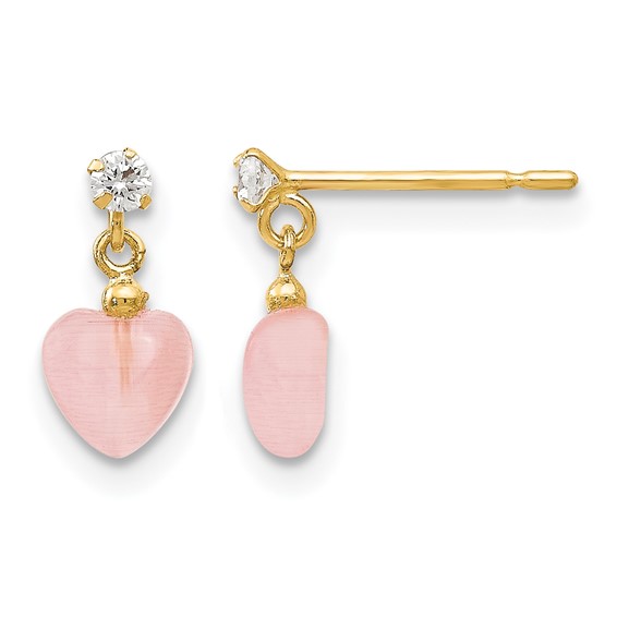 14k Madi K CZ and Pink Cats Eye Heart Dangle Childrens Post Earrings