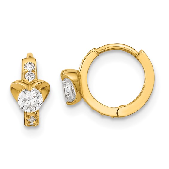 14k Madi K CZ Heart Childrens Hinged Hoop Earrings