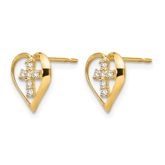 14k Madi K CZ Heart Cross Childrens Post Earrings