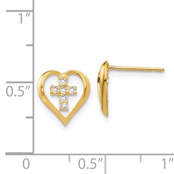 14k Madi K CZ Heart Cross Childrens Post Earrings