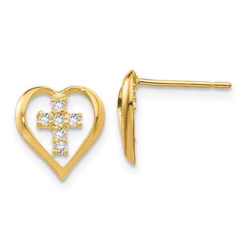 14k Madi K CZ Heart Cross Childrens Post Earrings