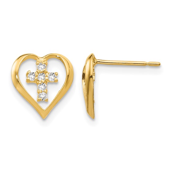 14k Madi K CZ Heart Cross Childrens Post Earrings