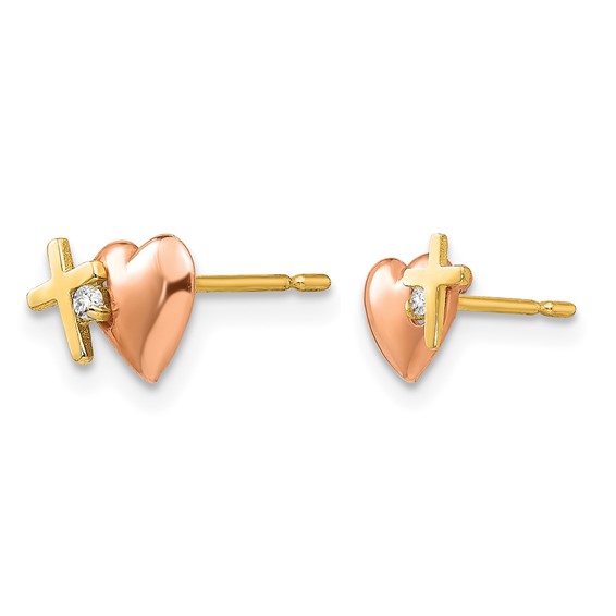 14k Yellow and Rose Gold Madi K CZ Heart and Cross Childrens Post Earrings
