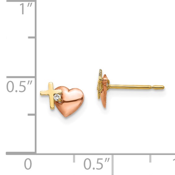 14k Yellow and Rose Gold Madi K CZ Heart and Cross Childrens Post Earrings