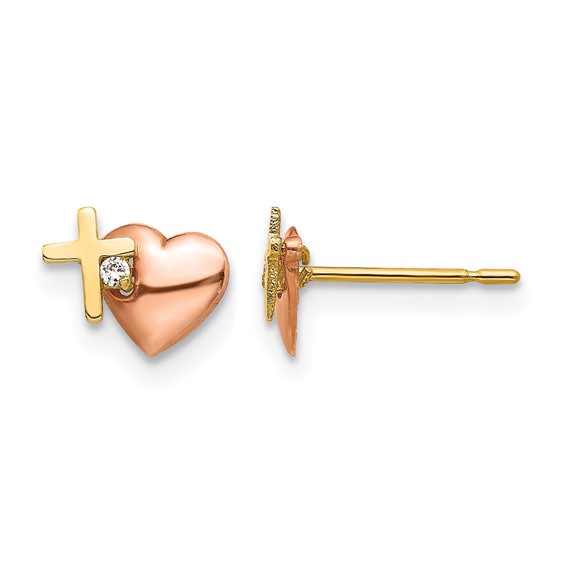 14k Yellow and Rose Gold Madi K CZ Heart and Cross Childrens Post Earrings