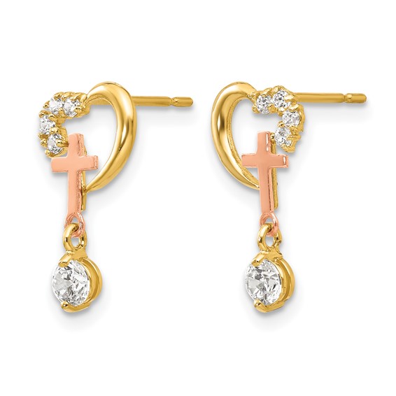 14k Madi K Two-tone CZ Cross and Heart Childrens Post Earrings