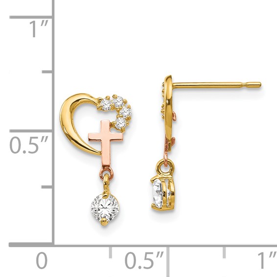 14k Madi K Two-tone CZ Cross and Heart Childrens Post Earrings