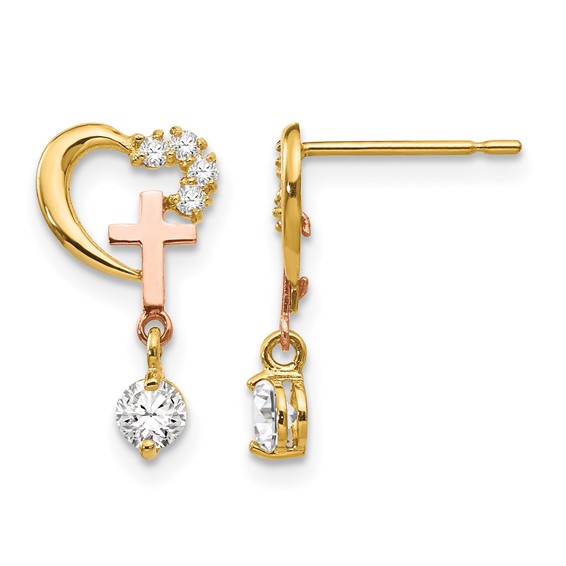 14k Madi K Two-tone CZ Cross and Heart Childrens Post Earrings