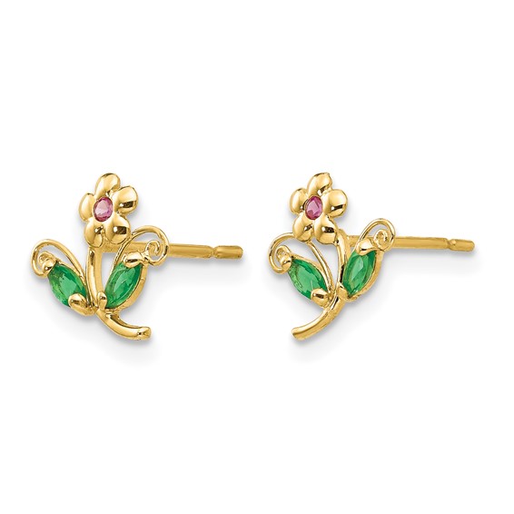 14k Madi K Red and Green CZ Flower Childrens Post Earrings