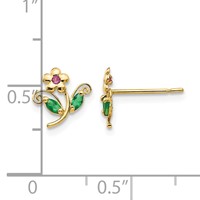 14K Yellow Gold Madi K Red and Green CZ Flower Post Earrings view 4