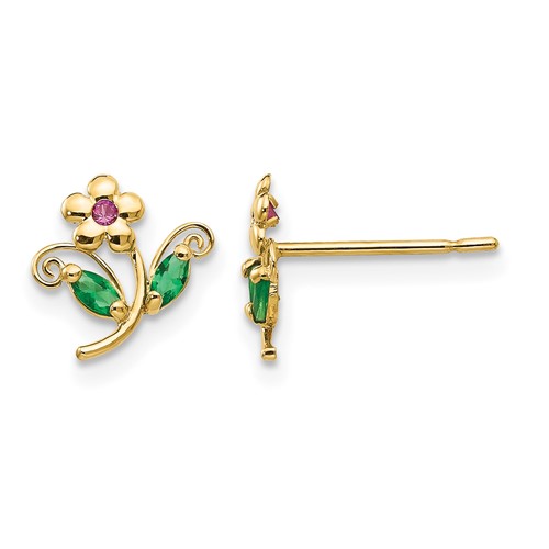 14K Yellow Gold Madi K Red and Green CZ Flower Post Earrings
