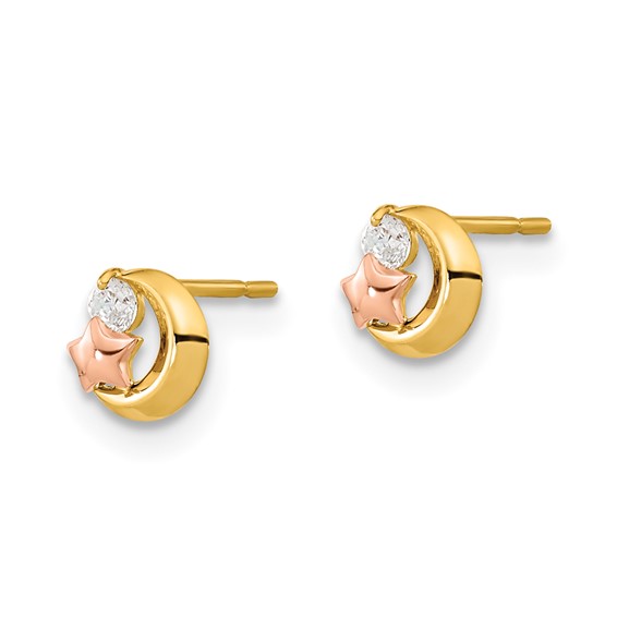 14k Yellow and Rose Gold Madi K CZ Moon and Star Childrens Post Earrings