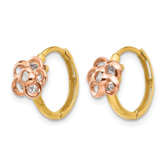 14k Yellow and Rose Gold Madi K CZ Flower Childrens Hinged Hoop Earrings