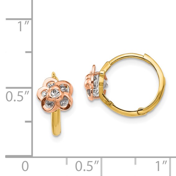 14k Yellow and Rose Gold Madi K CZ Flower Childrens Hinged Hoop Earrings
