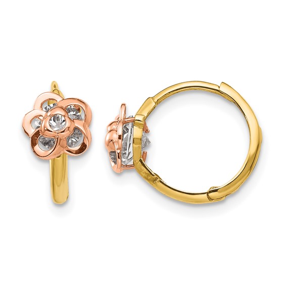 14k Yellow and Rose Gold Madi K CZ Flower Childrens Hinged Hoop Earrings