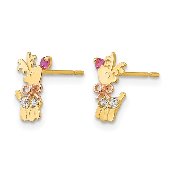 14k Yellow and Rose Gold Madi K CZ Reindeer Childrens Post Earrings