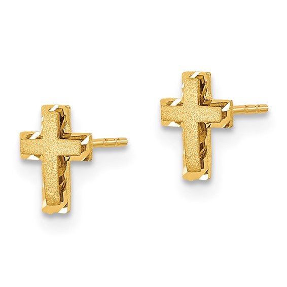 14k Madi K Satin and Polished Diamond-cut Cross Childrens Post Earrings