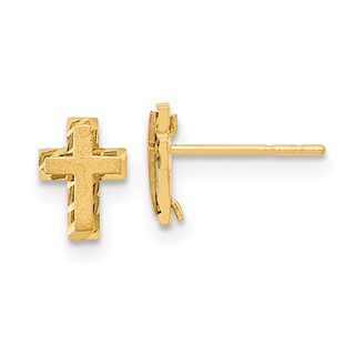 14k Madi K Satin and Polished Diamond-cut Cross Childrens Post Earrings